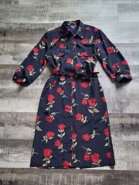 VTG Breli Originals Black Red Floral Midi Secretary Dress Belt USA Size 6 Small